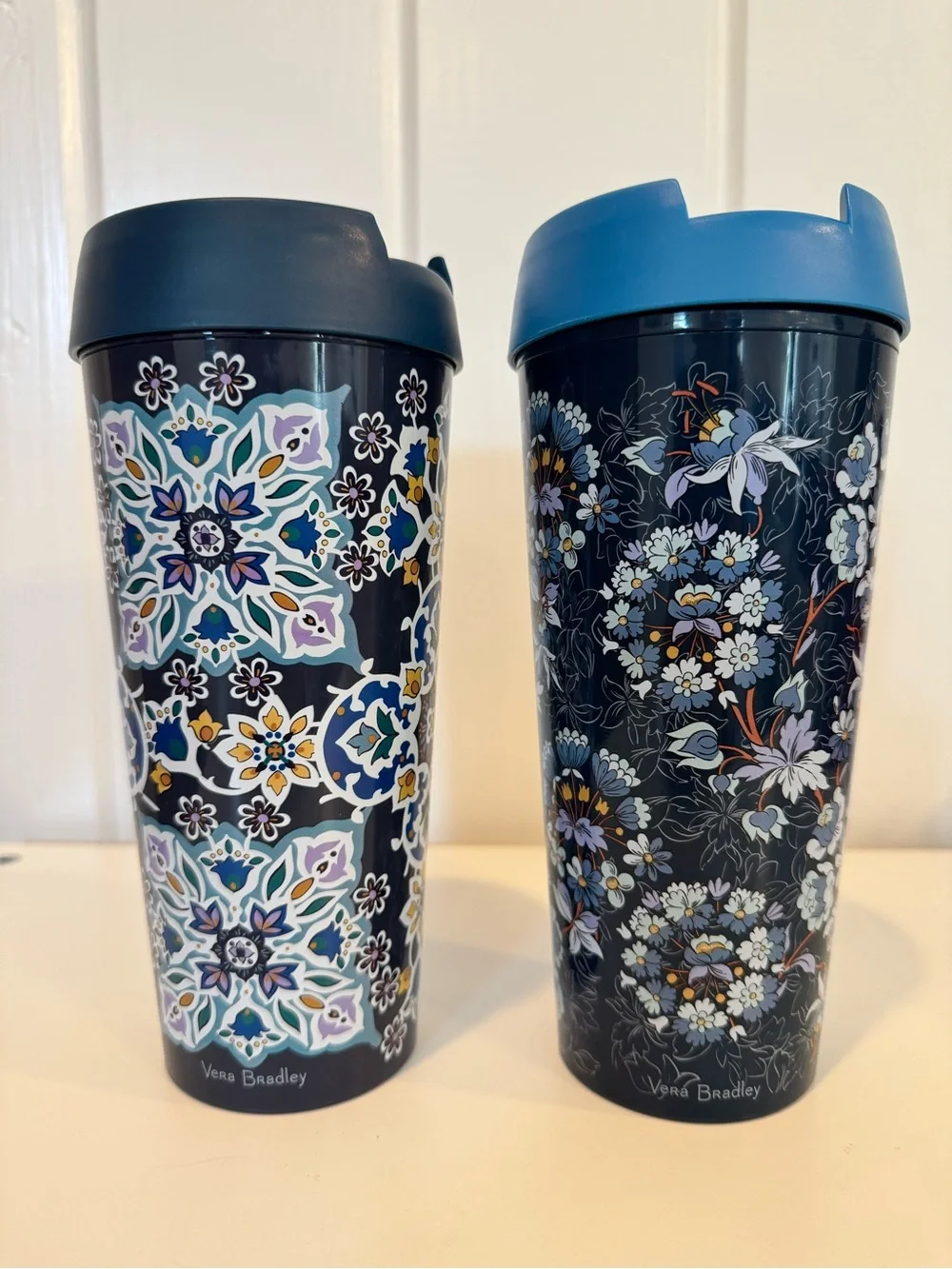 Vera Bradley 16 oz Travel Mug Set of 2 Lisbon Medallion Cool & Floral Bursts
